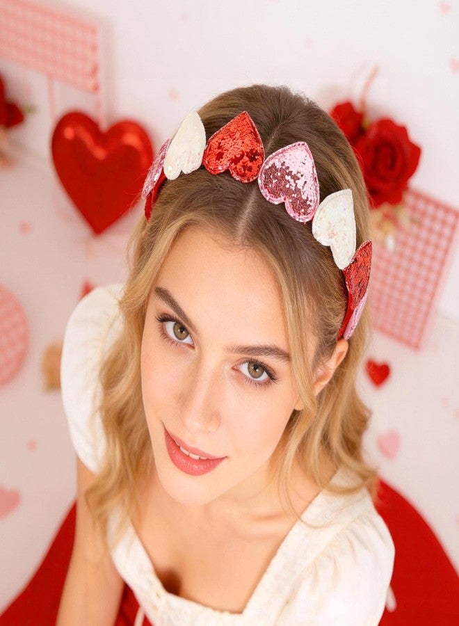 Doneace Valentines Day Glitter Hearts Headband Girls Cute Heart Headband Red Pink Cupid Hair Band Love Heart Hair Accessories for Women Valentine Dating Wedding Birthday Dressing Up Gift 1PCS - Image 4